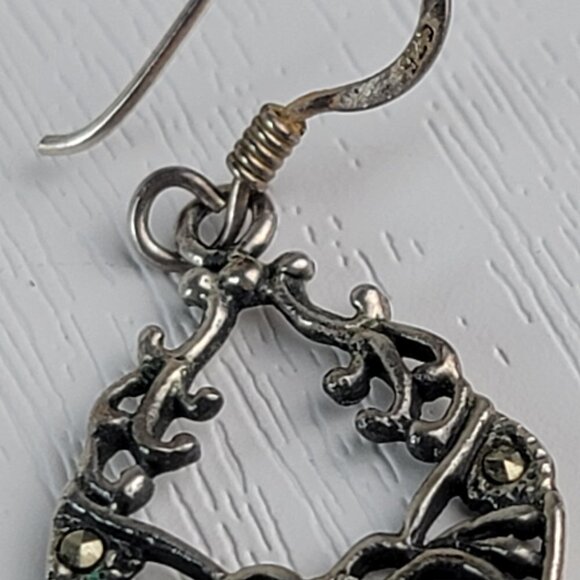Vtg. Signed MO 925 Sterling Silver Marcasite Dangle Earrings 0.5" Pierced Hook - Picture 4 of 8